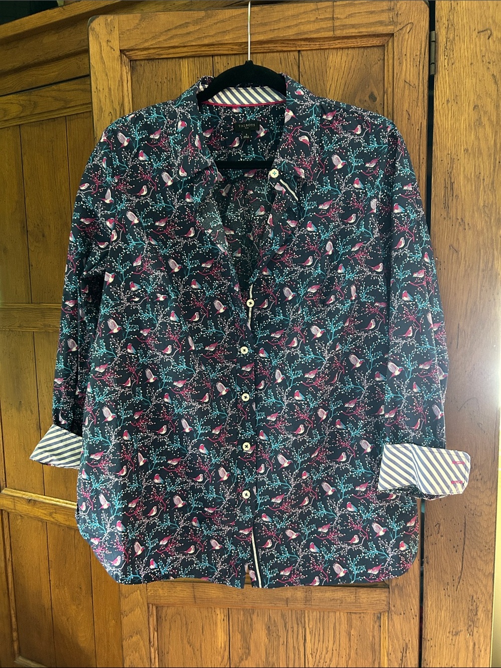 Womens Navy Floral Button-Down Shirt with Pink Accent